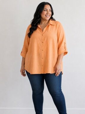 Anne Klein Orange Linen Blouse Pull Tab‎ Sleeve V-Neck XL Breathable Flowy